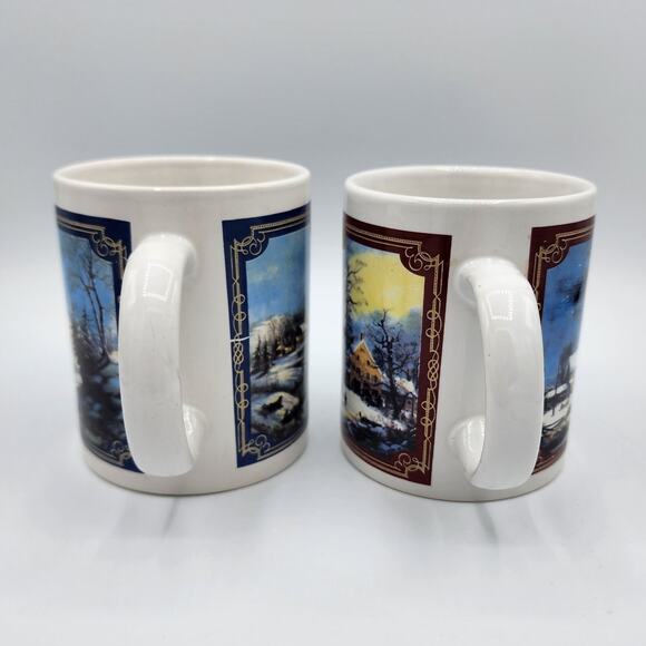Vintage 1990 Currier & Ives Ceramic Coffee Mug Set, Country Winter Barn & Lake - Picture 4 of 8